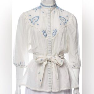 Talitha White Cotton Embroidered Boho Peplum Blouse Size Medium